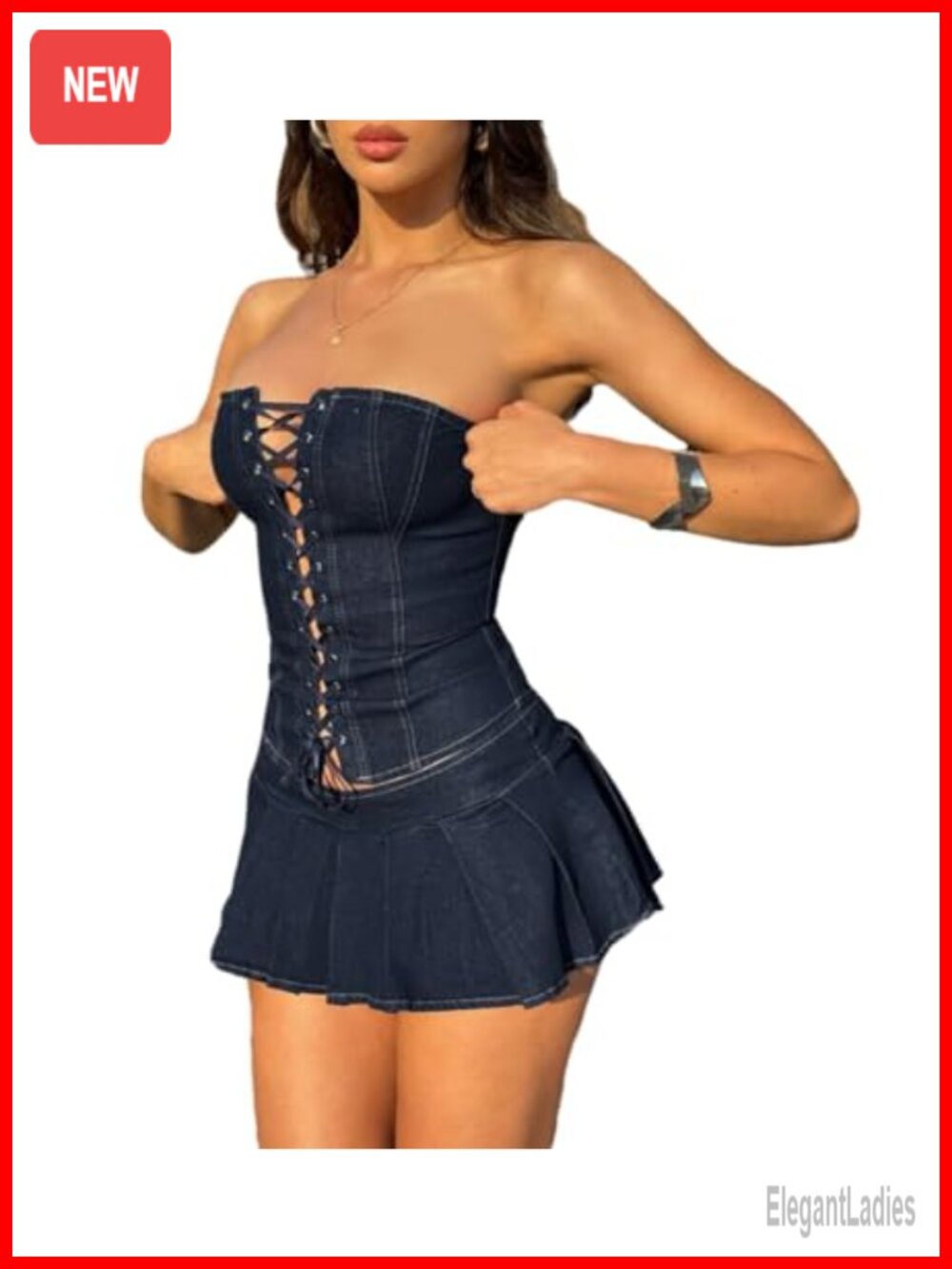 Off Shoulder Lace Up Corset Top & Mini Pleated Skirt Set